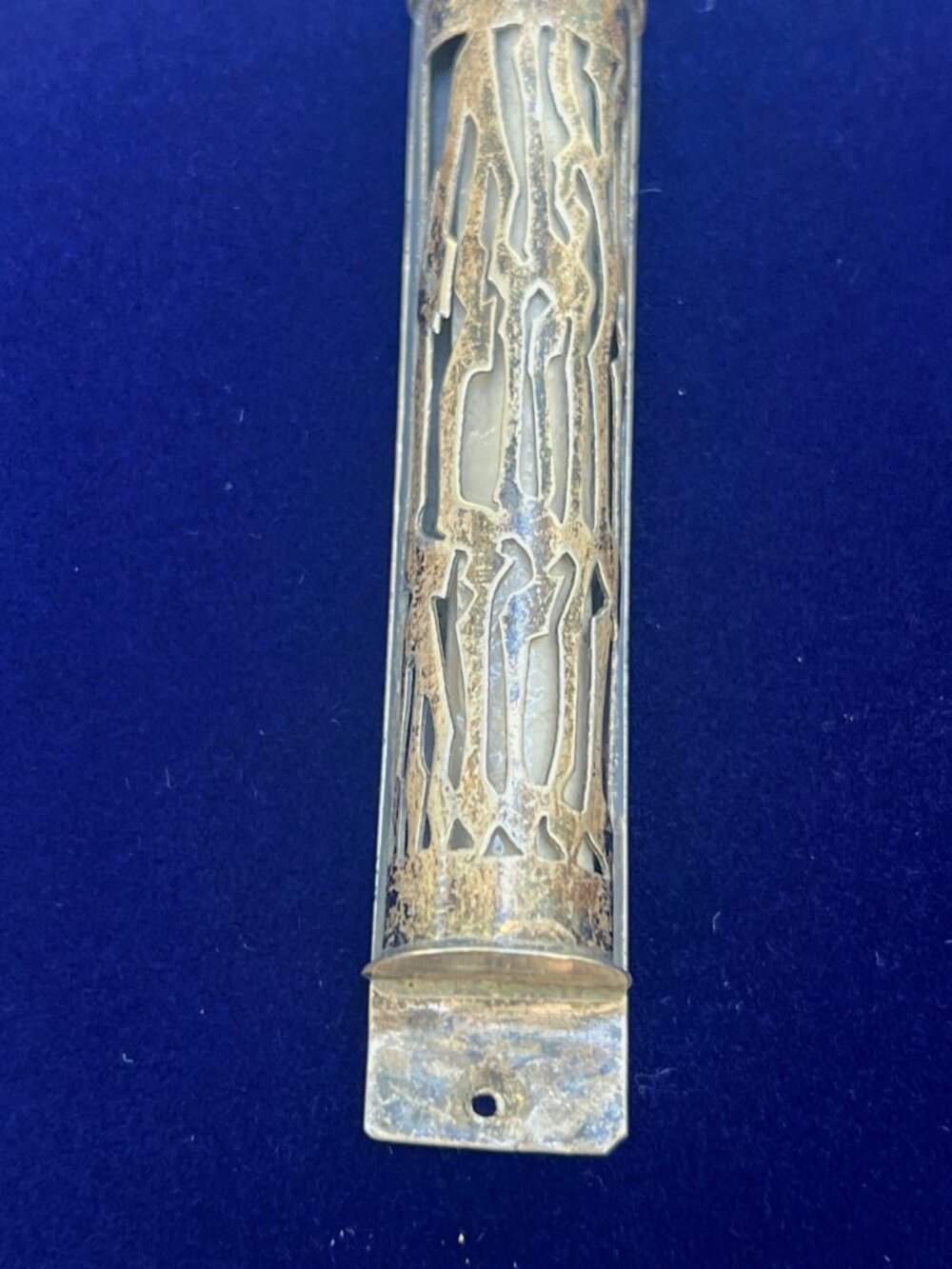 Vintage Silver Mezuzah Case With Intricate Cutout Design And Aged Patina